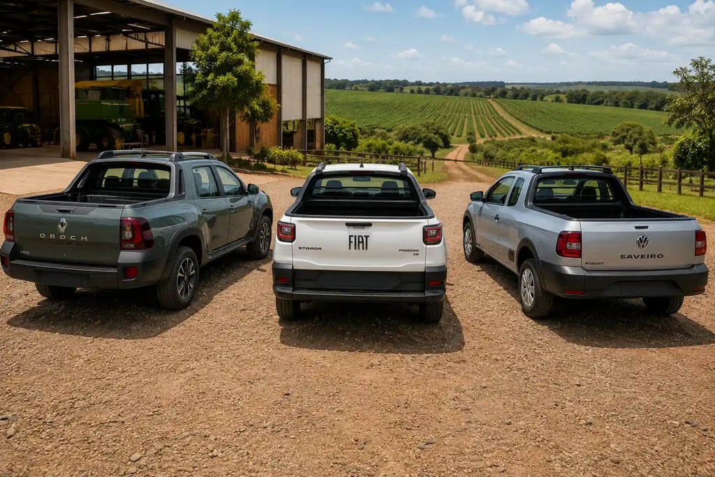 Oroch Pro, Strada Freedom e Saveiro Robust vistas de traseira em cenário rural