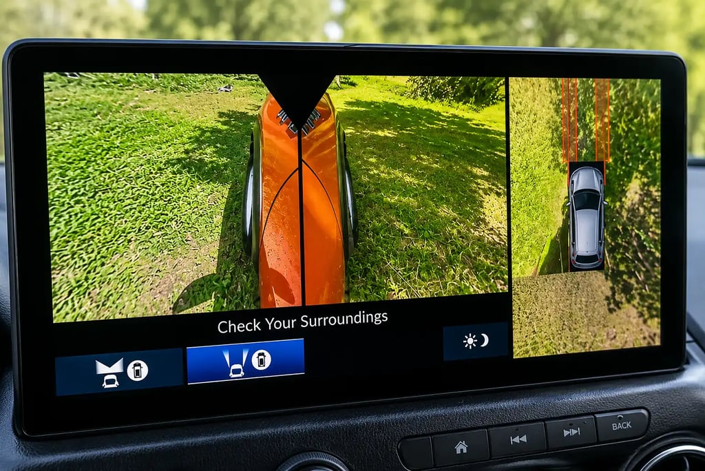 Painel automotivo com câmera 360° exibindo visão ampla para reduzir pontos cegos.
