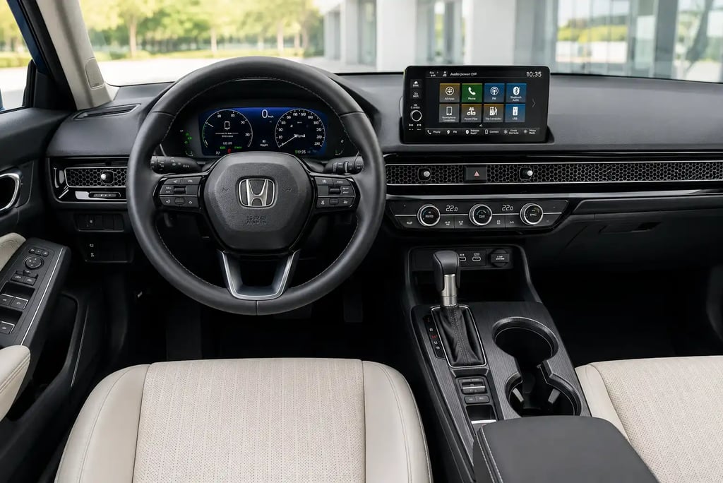 Painel do Honda Civic Advanced Hybrid 2026 com multimídia, painel digital e câmbio automático