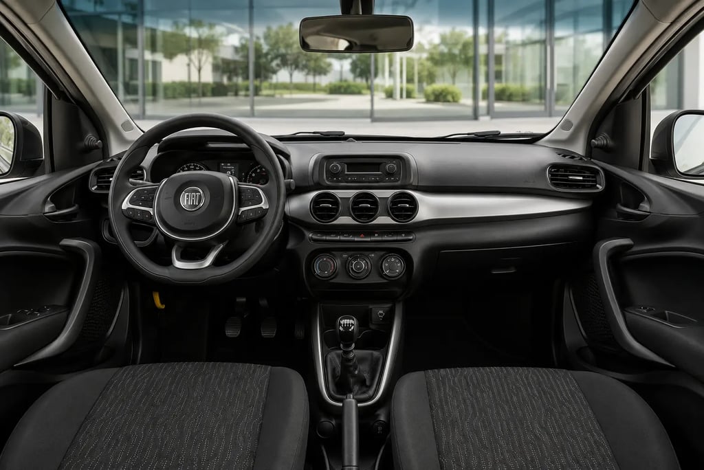 Painel e interior do Fiat Grand Siena 2021 com câmbio manual e acabamento em preto