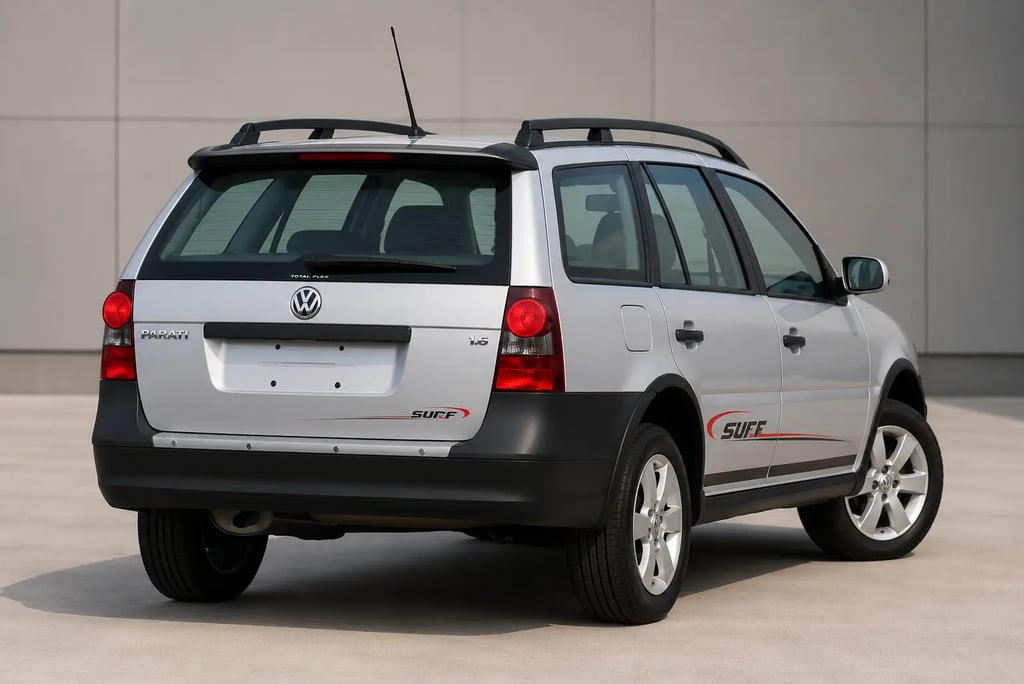 Traseira da Volkswagen Parati Surf 2012 prata com motor AP em showroom neutro