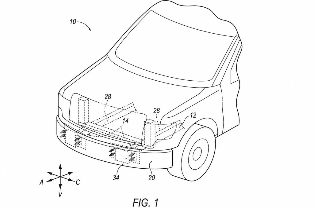 Ilustração da patente do para-choque inteligente da Ford com sistema adaptativo de impacto