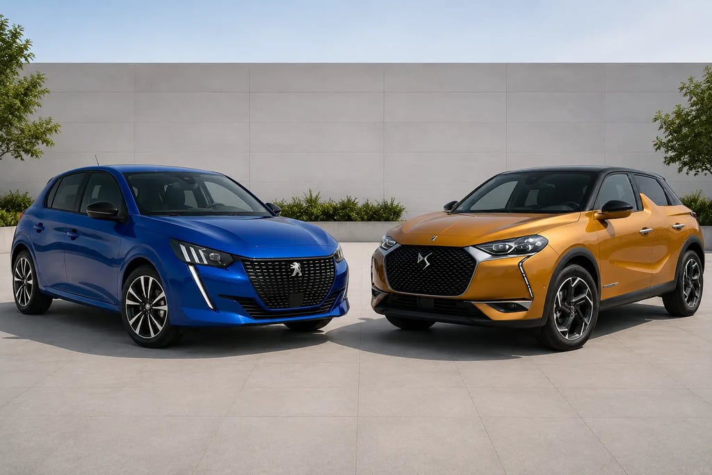 Peugeot 208 e DS 3 frente a frente em showroom externo
