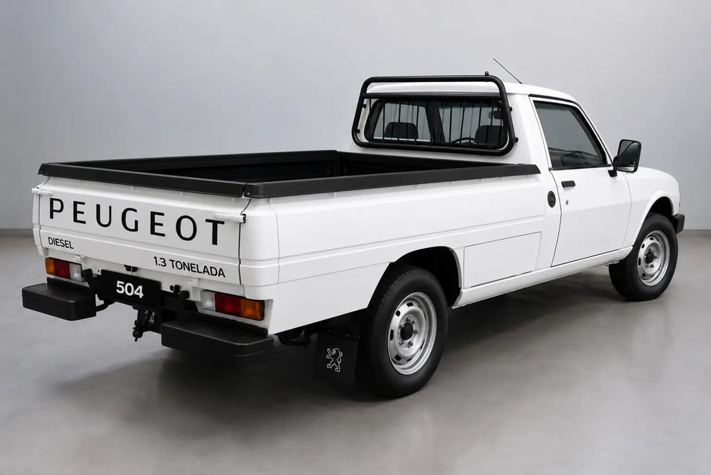 Peugeot 504 GD Pick-Up vista traseira em 3/4 com caçamba e acabamento em alta definição.