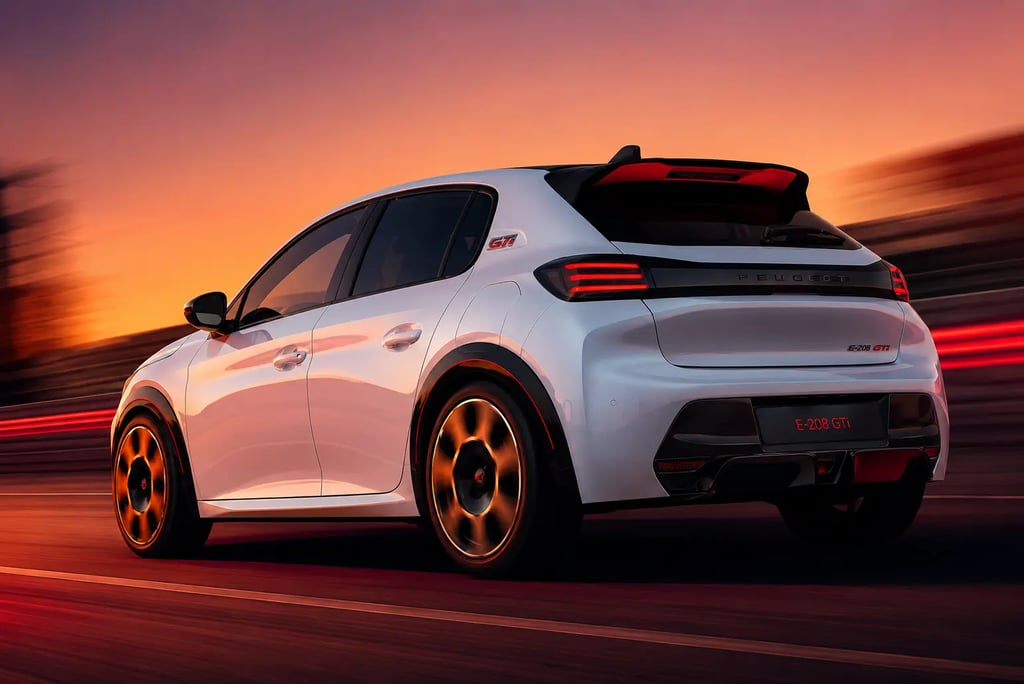 Traseira do Peugeot E-208 GTi branco em movimento com iluminação ao entardecer