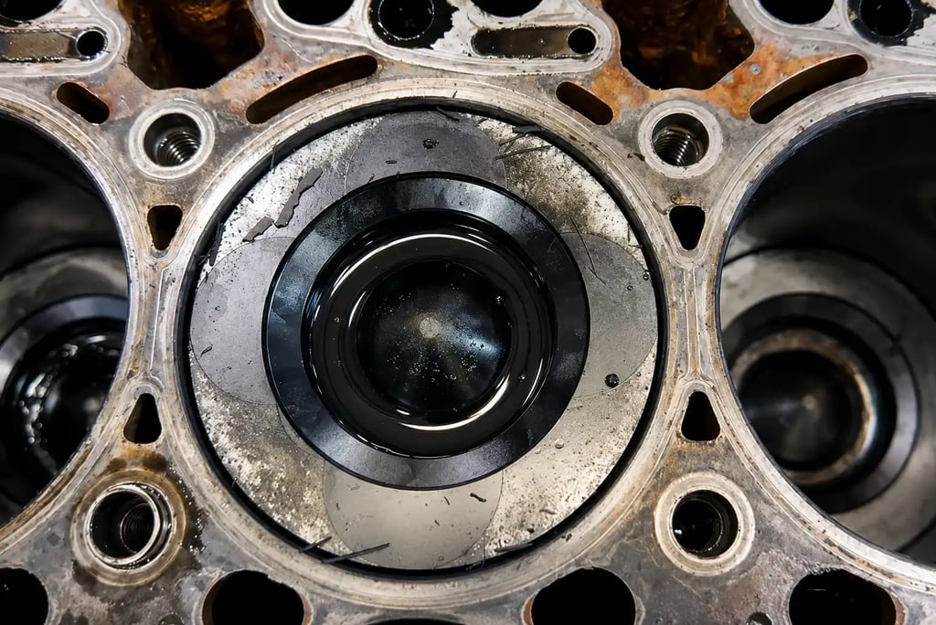 Pistão de motor Cummins com sinais de desgaste interno e superaquecimento no cilindro.