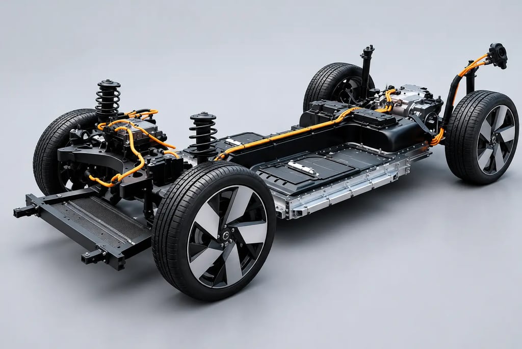 Plataforma de carro elétrico com bateria integrada, suspensão e componentes elétricos
