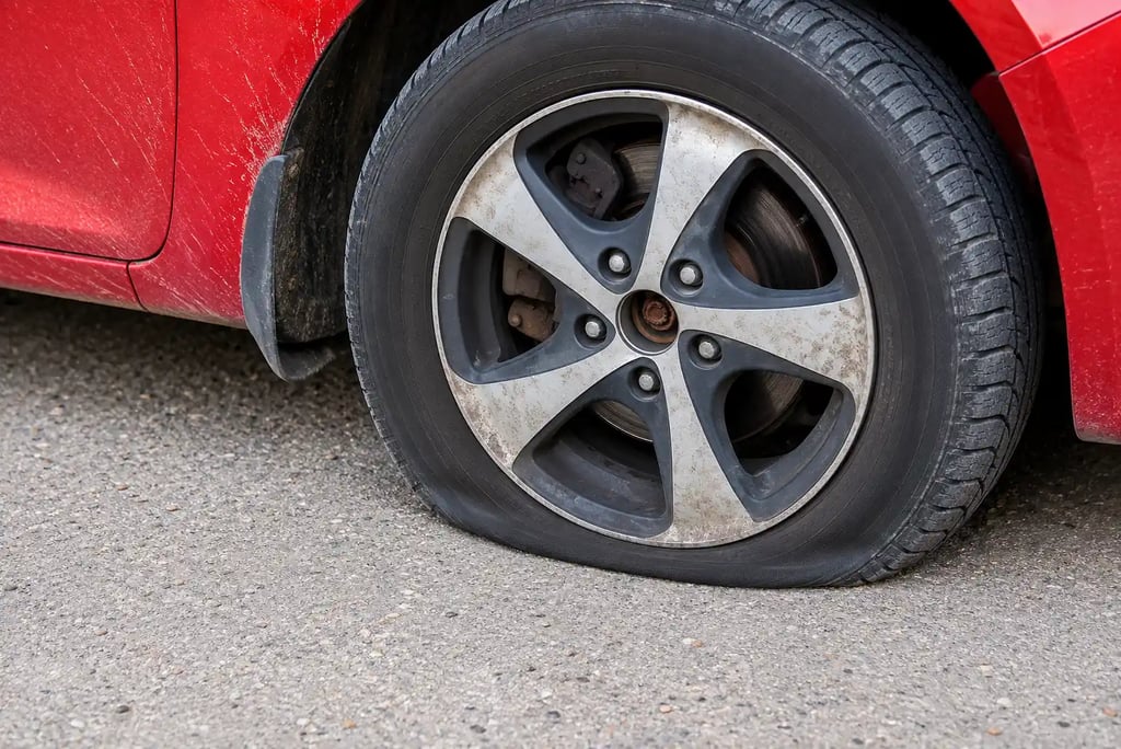 Pneu murcho em veículo estacionado mostrando perda severa de pressão
