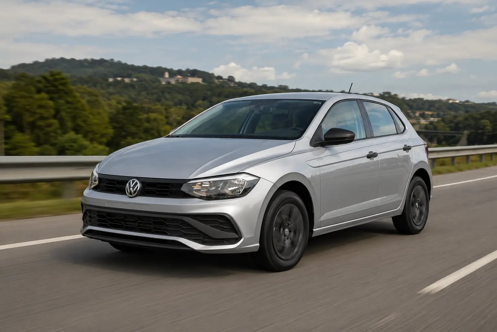 Volkswagen Polo Track prata em movimento por uma rodovia