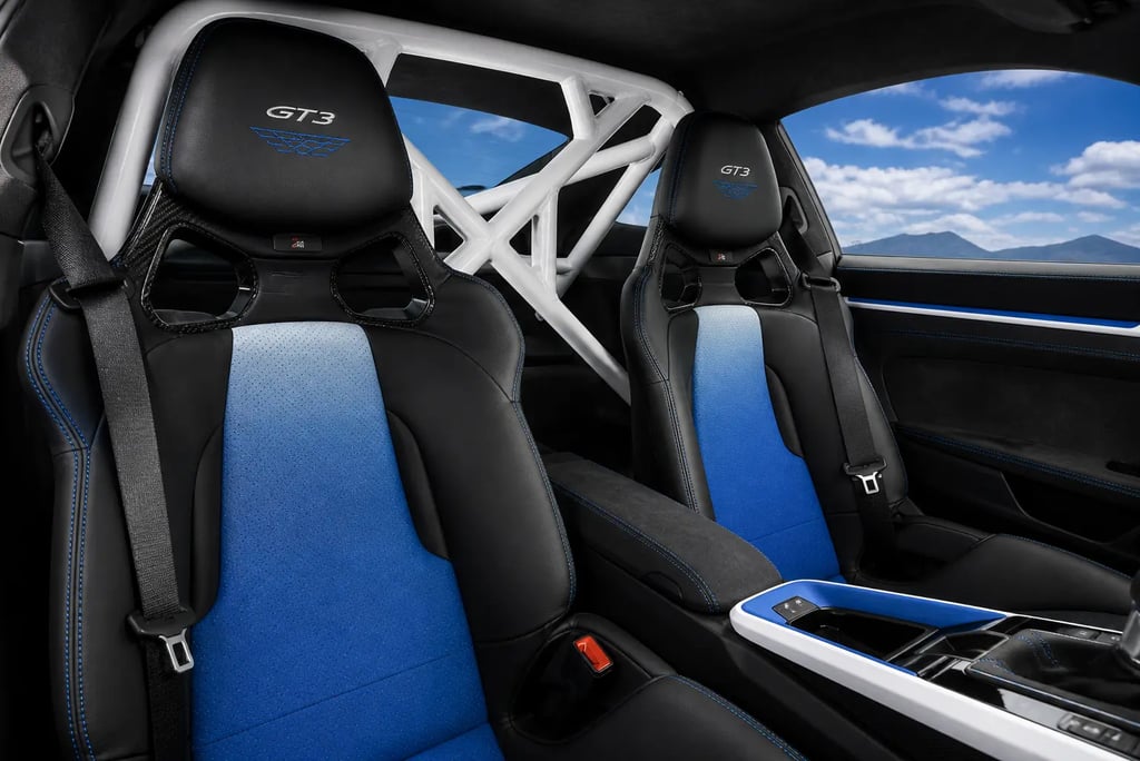 Bancos esportivos do Porsche 911 GT3 Artisan Edition com acabamento em azul e gaiola de proteção ao 