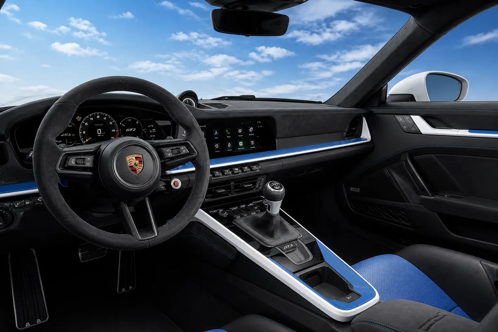 Interior do Porsche 911 GT3 Artisan Edition com acabamento esportivo, volante em Alcantara e detalhe