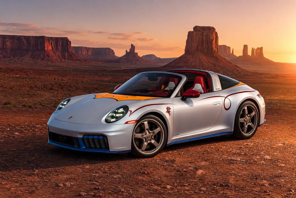 Porsche 911 Targa inspirado em Jessie de Toy Story em cenário desértico