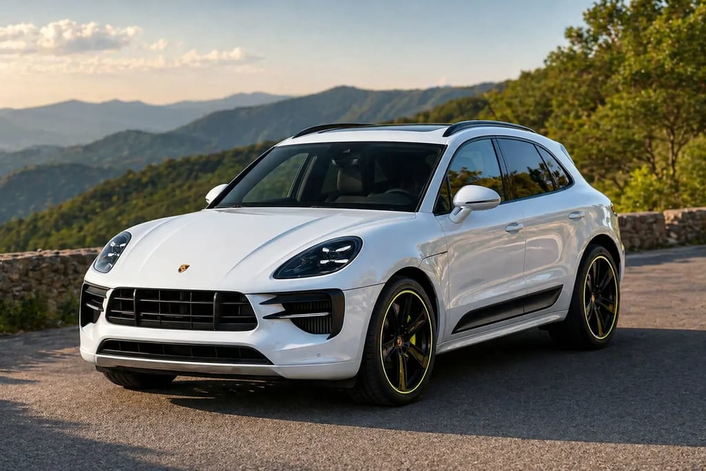 Porsche Macan branco em estrada com fundo de montanhas e design esportivo moderno