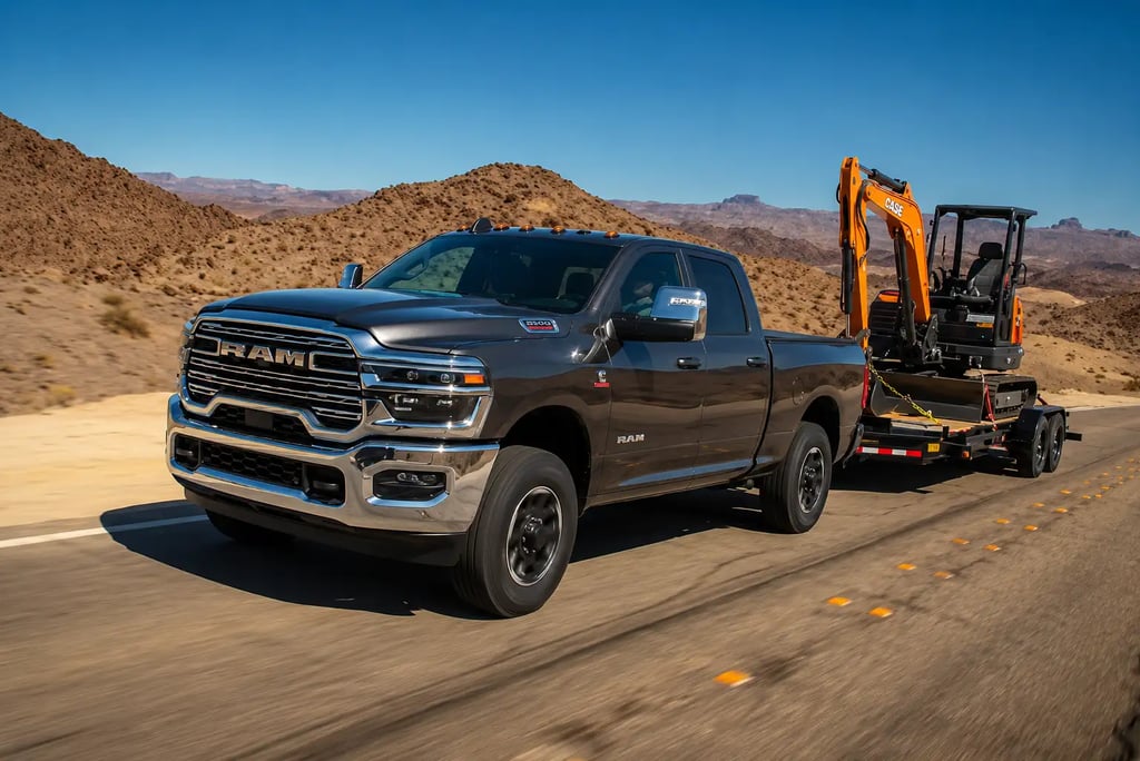 Ram 2500 rebocando escavadeira em estrada desértica sob céu aberto