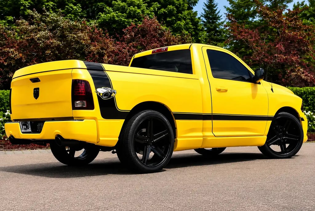 Ram Rumble Bee amarela vista traseira com faixas pretas e rodas esportivas.