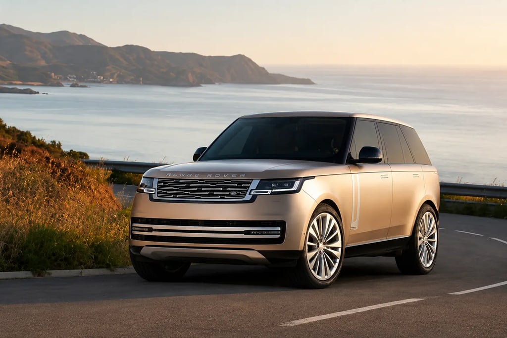 Range Rover estacionado em estrada litorânea ao pôr do sol