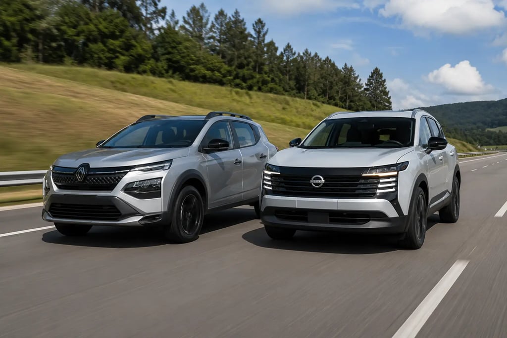 Renault Kardian e Nissan Kicks em movimento lado a lado na rodovia