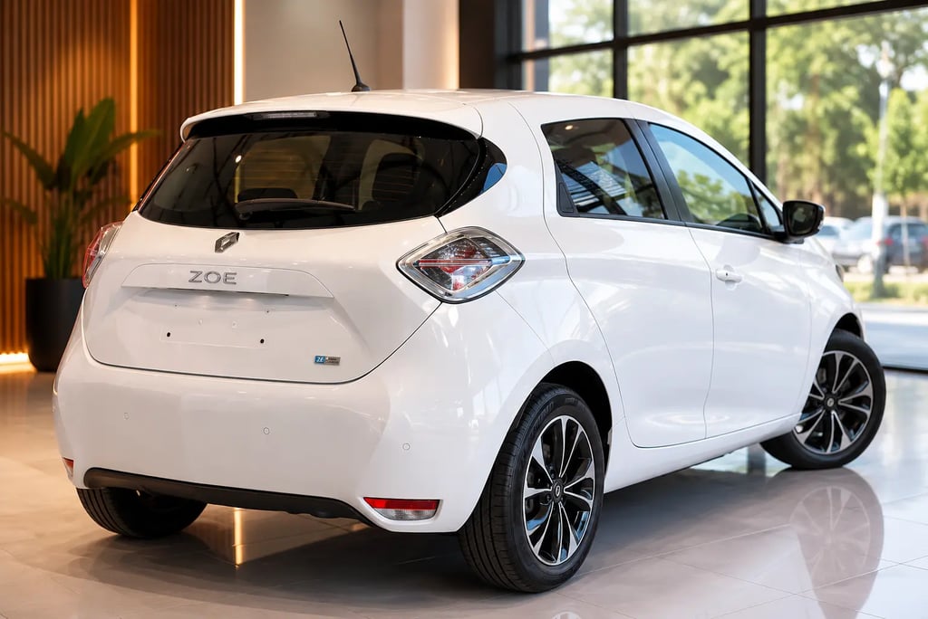 Renault Zoe visto de traseira em showroom moderno com acabamento sofisticado