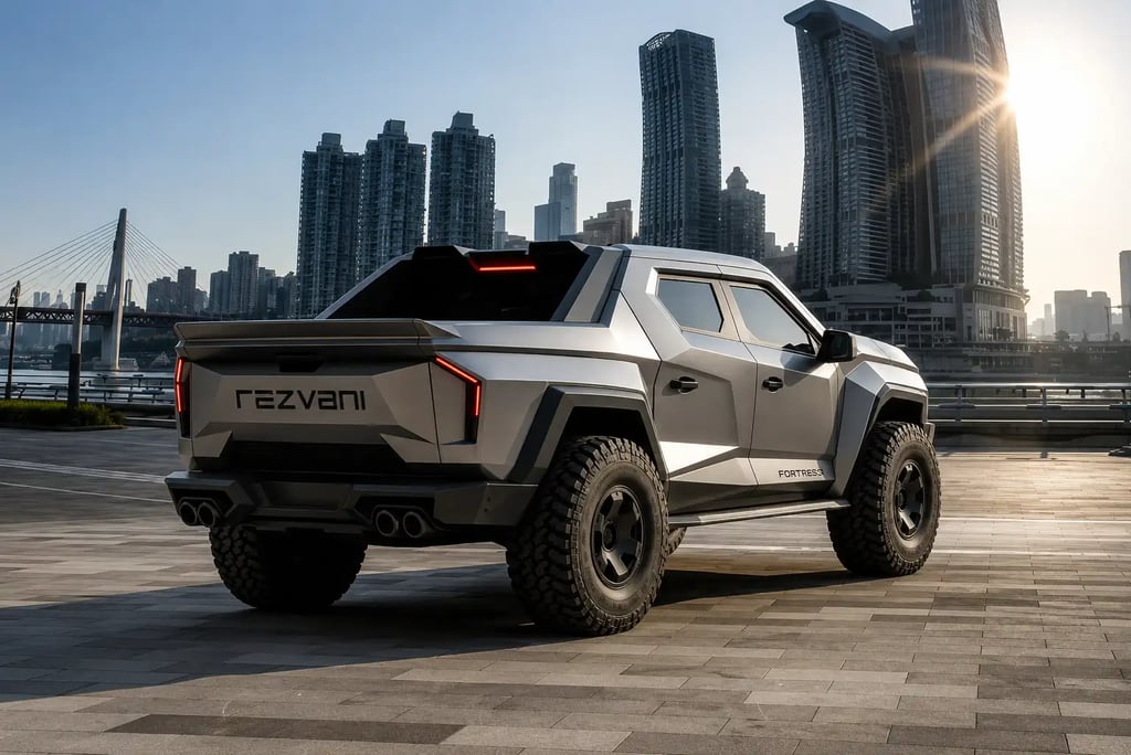 Picape futurista Rezvani Fortress estacionada diante de arranha-céus
