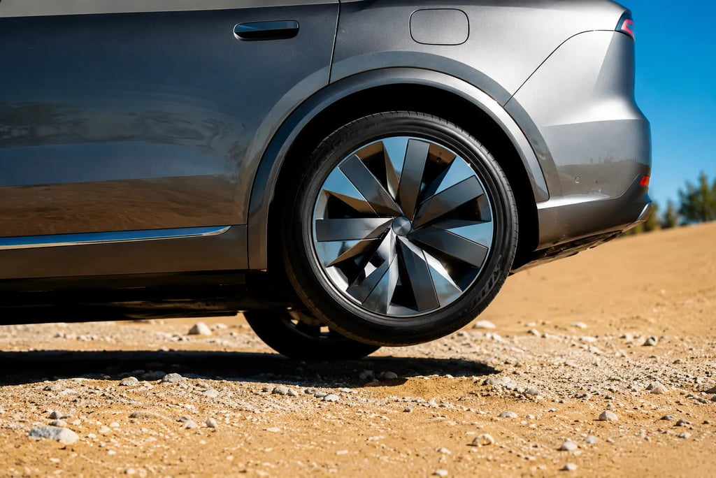 Roda de SUV elétrico da BYD suspensa durante teste de tecnologia off-road