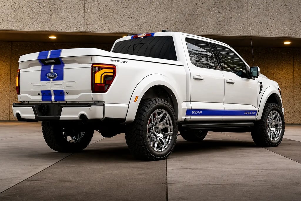 Traseira da Shelby F-150 2026 branca com faixas azuis e visual off-road