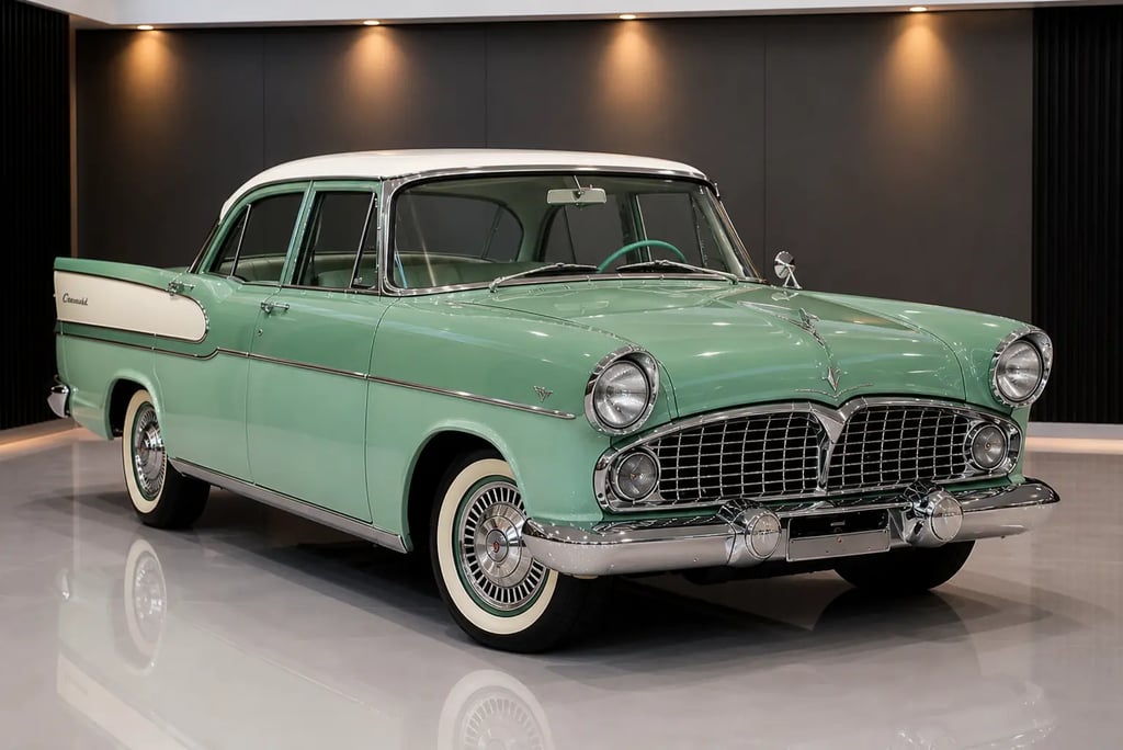 Simca Chambord verde em showroom com piso brilhante e iluminação suave