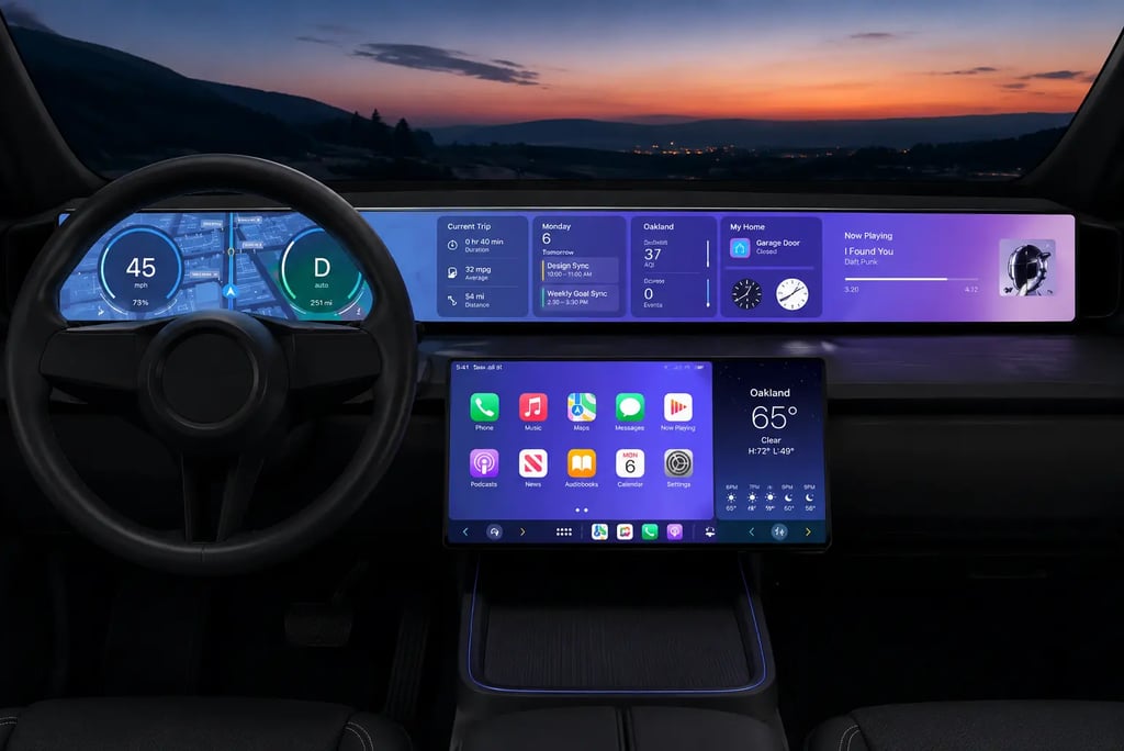 Painel digital panorâmico em carro futurista com múltiplas telas integradas