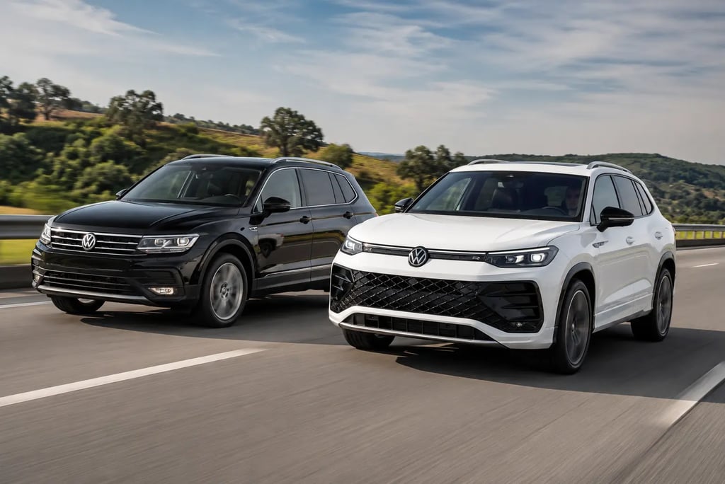 Volkswagen Tiguan 2026 branca e Tiguan Allspace preta lado a lado em movimento na rodovia.