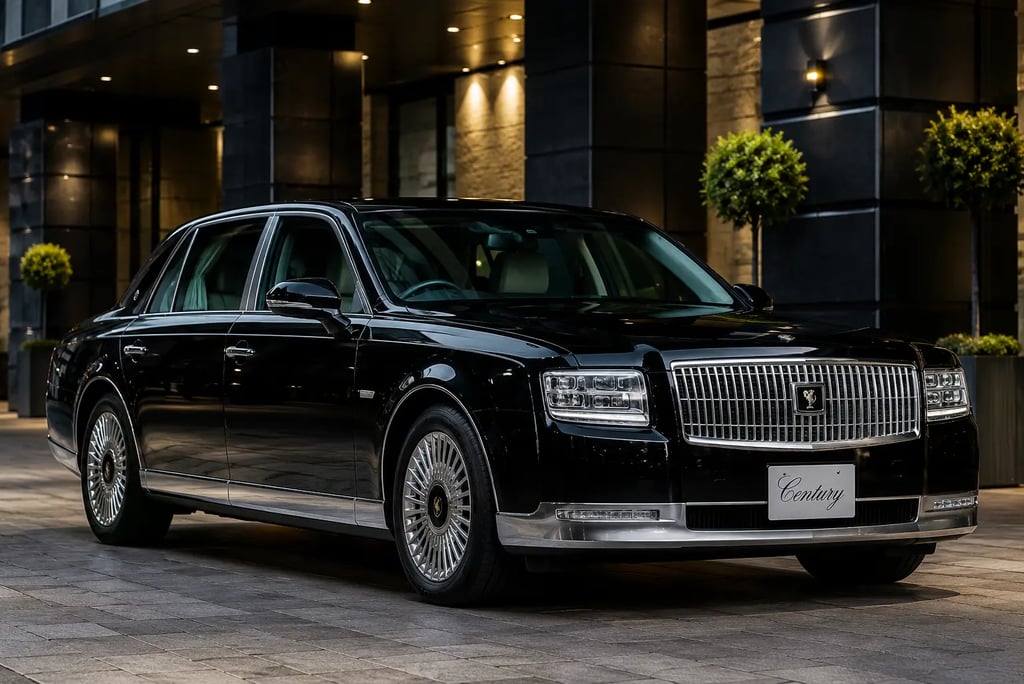 Toyota Century V12 preto estacionado em frente a prédio de luxo com iluminação noturna sofisticada