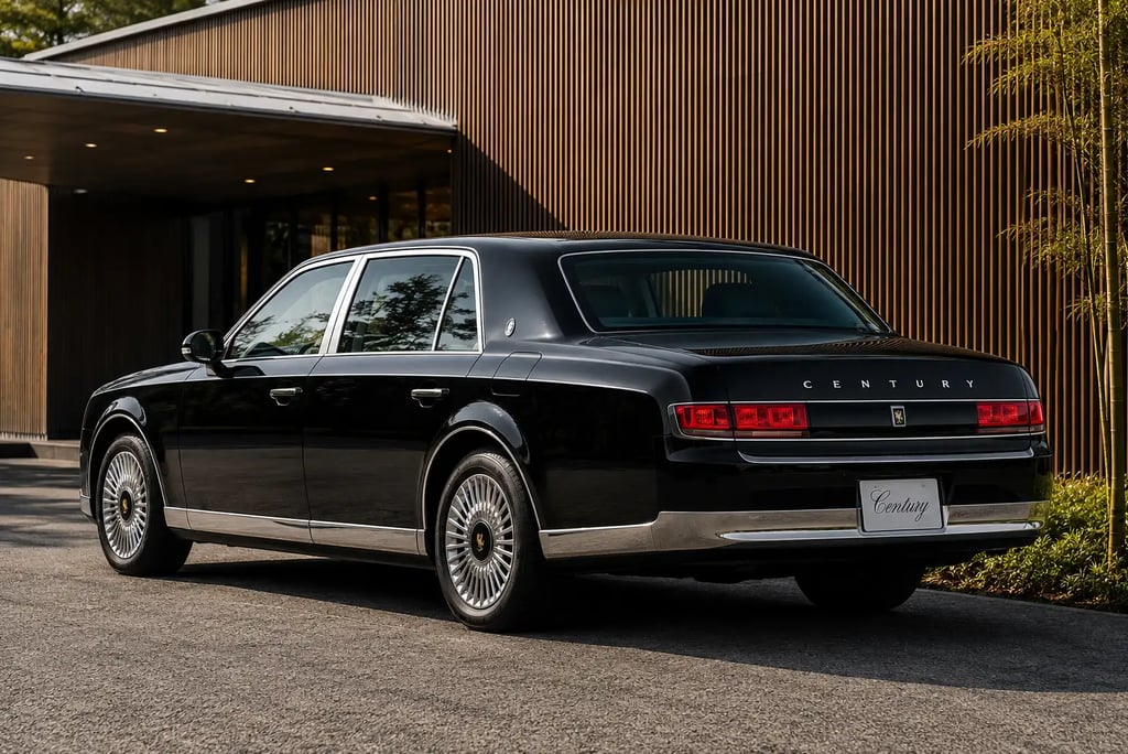 Toyota Century V12 preto visto de traseira em frente a arquitetura moderna de luxo