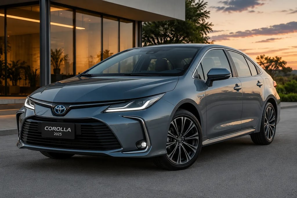 Toyota Corolla 2025 cinza estacionado em frente a prédio moderno ao entardecer.