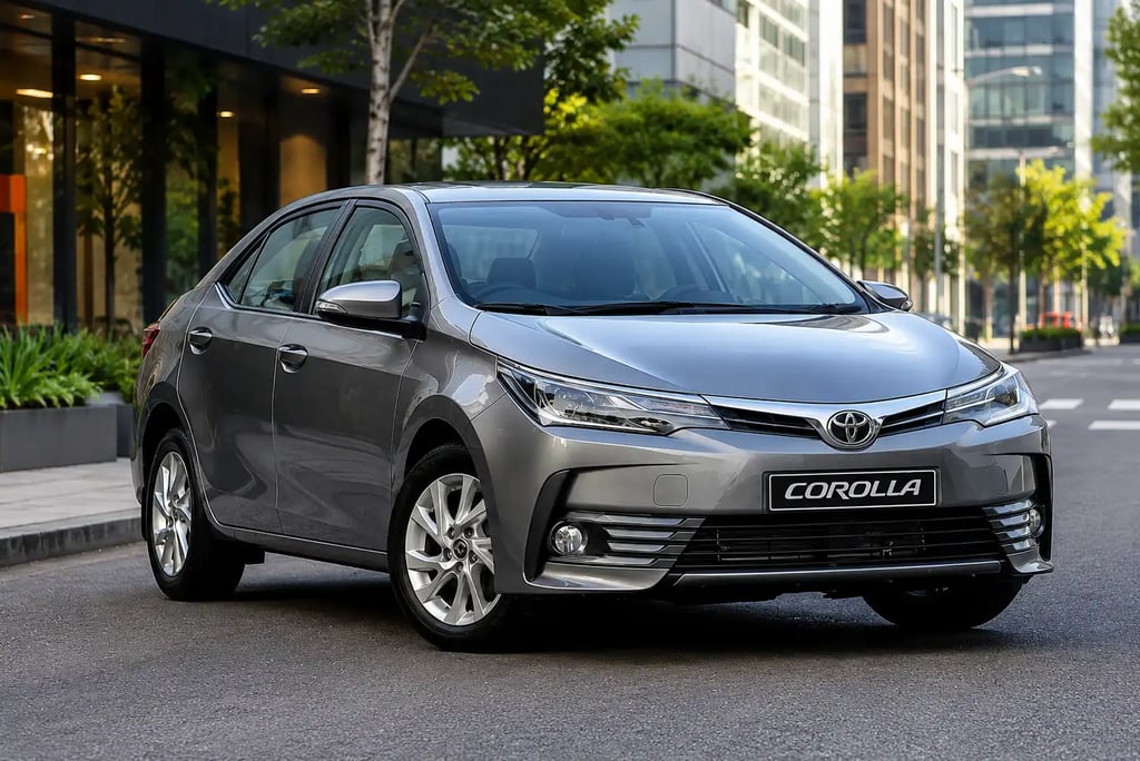 Toyota Corolla cinza estacionado em cenário urbano moderno.