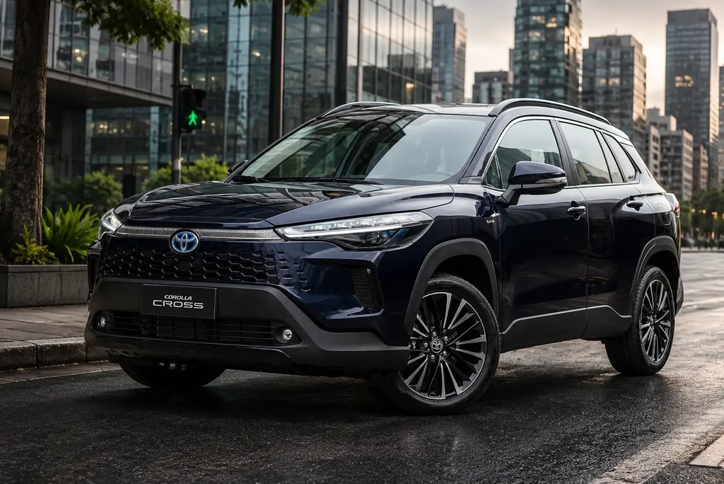 Toyota Corolla Cross azul estacionado em rua urbana com prédios modernos ao fundo