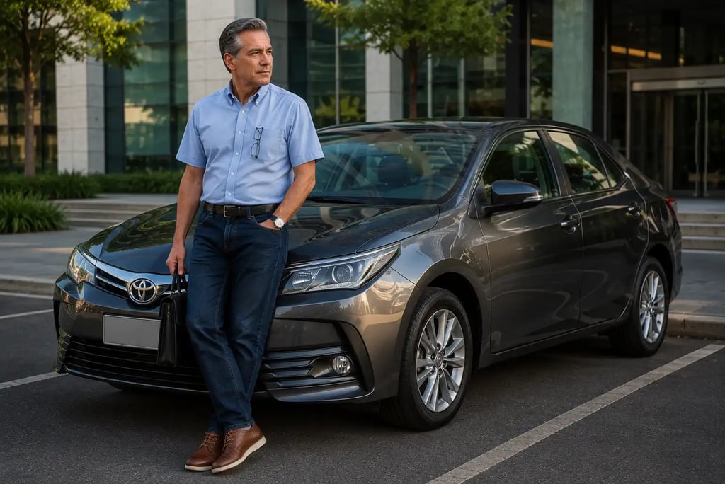 Advogado experiente ao lado de um Toyota Corolla em frente a um prédio corporativo.