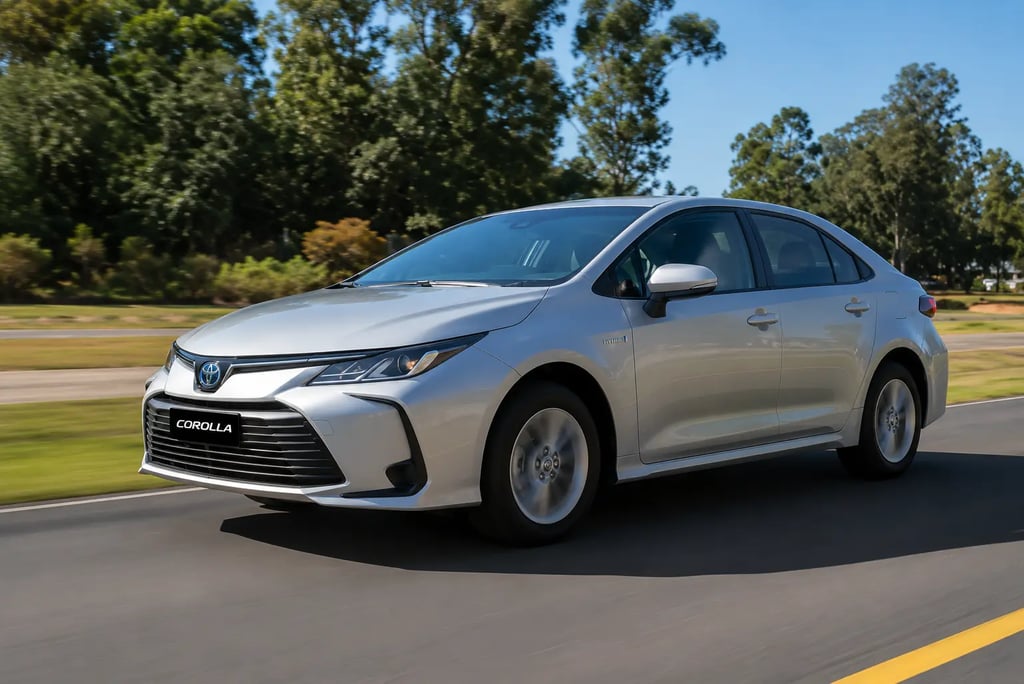 Toyota Corolla híbrido rodando em estrada cercada por árvores durante o dia