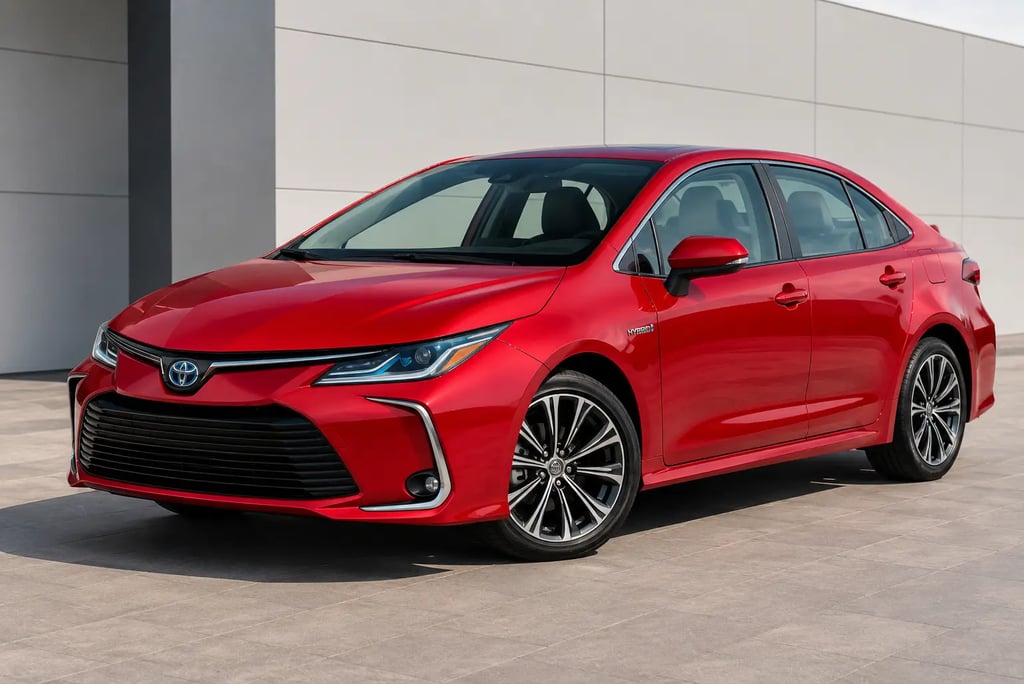 Toyota Corolla Hybrid vermelho em showroom externo moderno e fundo neutro.