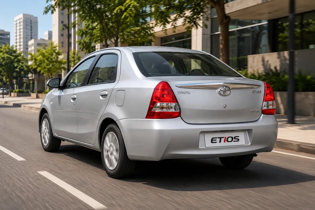 Toyota Etios Sedã 2014 prata visto pela traseira rodando em avenida urbana durante o dia