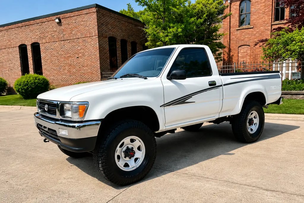 Toyota Hilux cabine simples branca dos anos 90 estacionada em área urbana arborizada