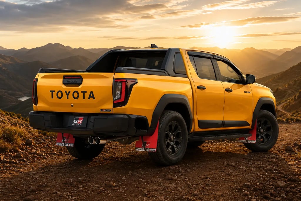 Toyota Hilux GR Parts vista de traseira em estrada de montanha ao pôr do sol