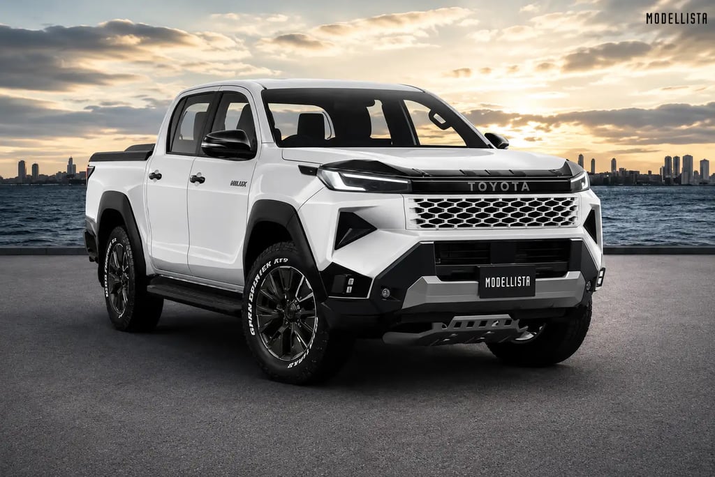 Toyota Hilux Modellista com visual esportivo à beira-mar durante o pôr do sol