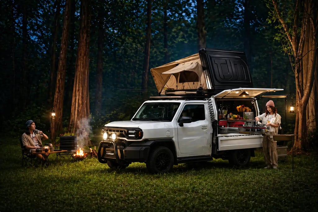 Toyota IMV 0 adaptada para camping mostrando versatilidade e uso multifuncional em ambiente ao ar li