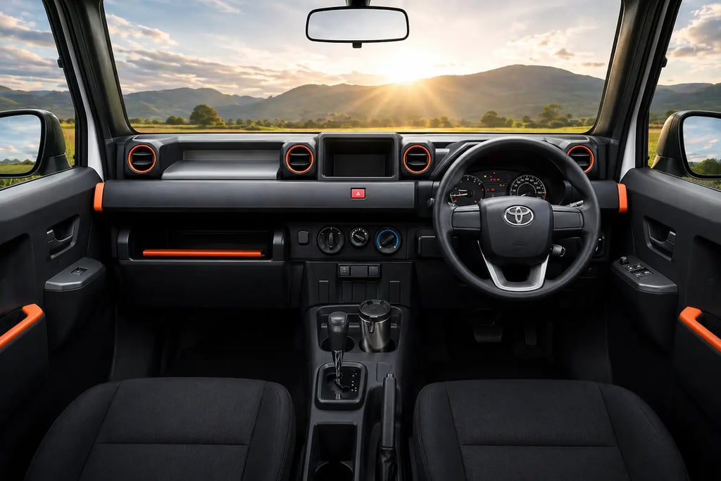 Interior da Toyota IMV 0 com painel simples e funcional destacando design focado no trabalho