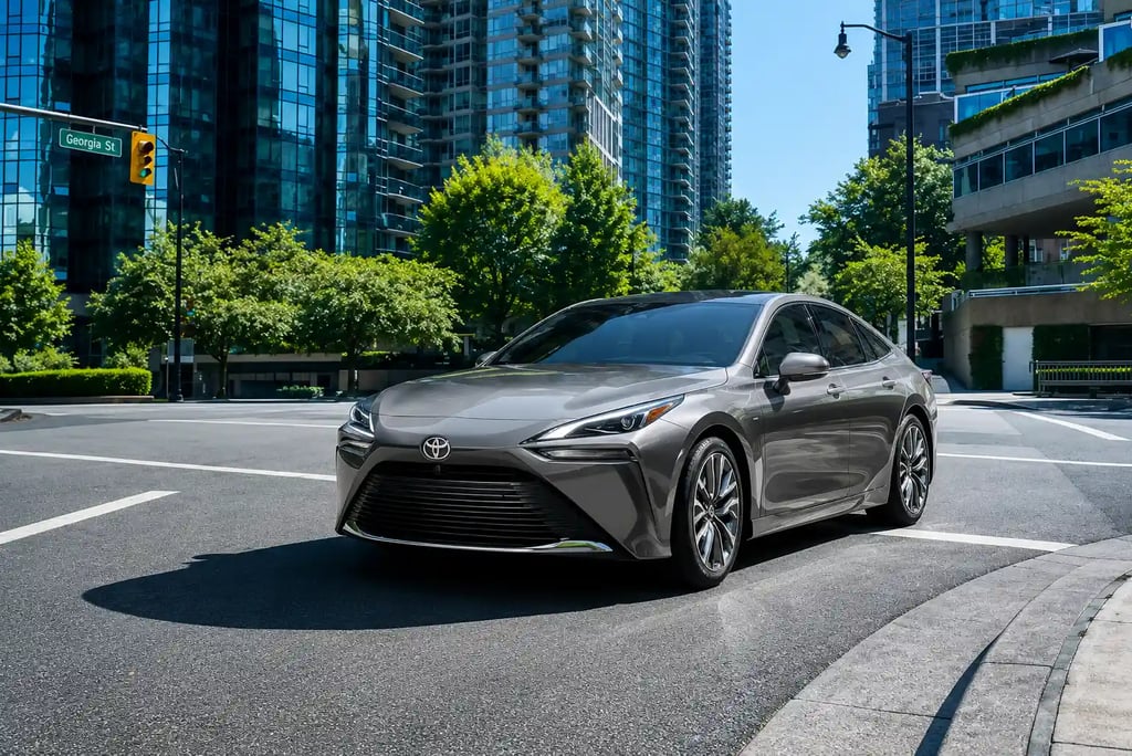 Toyota Mirai rodando em área urbana com tecnologia movida a hidrogênio.