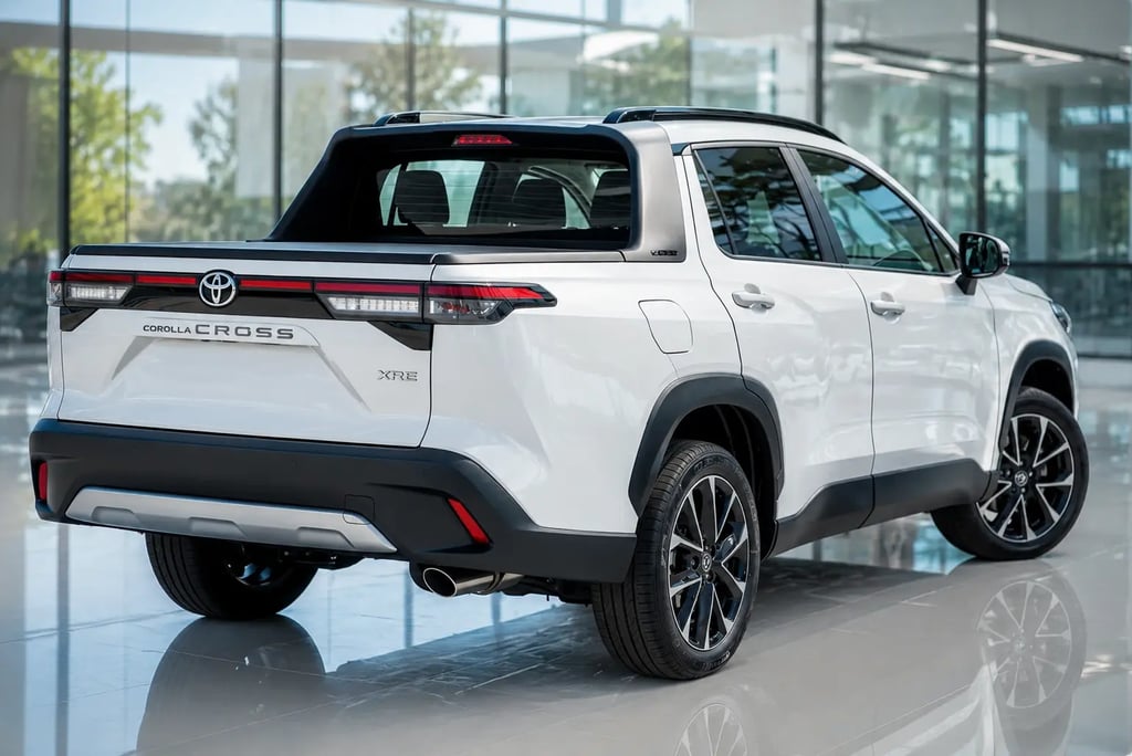 Nova picape Toyota baseada no Corolla Cross vista de traseira em showroom moderno