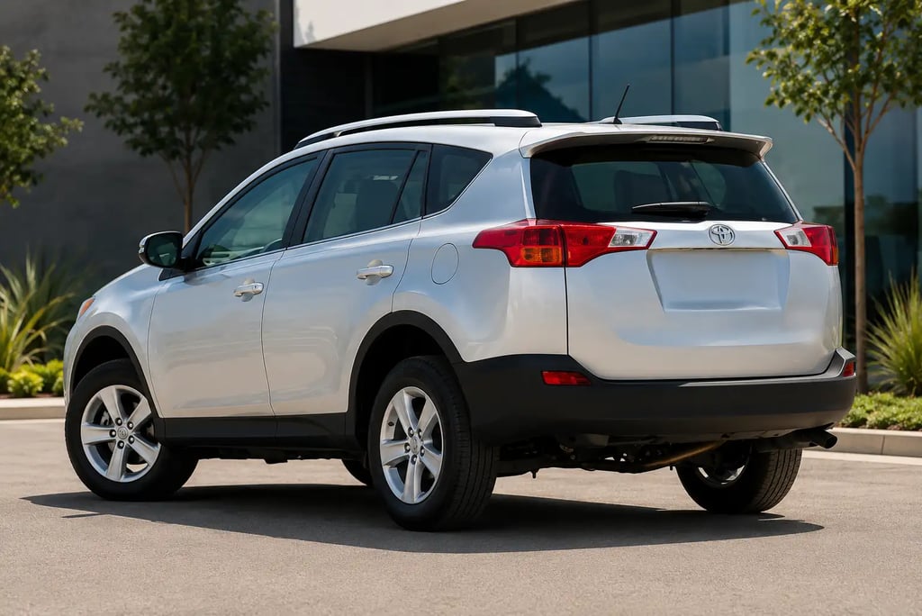 Toyota RAV4 2014 visto de traseira em frente a um edifício moderno