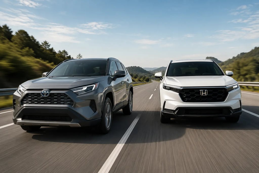 Toyota RAV4 e Honda CR-V Hybrid lado a lado em movimento em uma rodovia