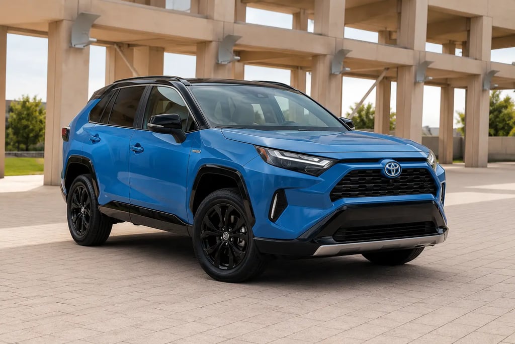 Toyota RAV4 Hybrid azul em área externa moderna com arquitetura contemporânea.