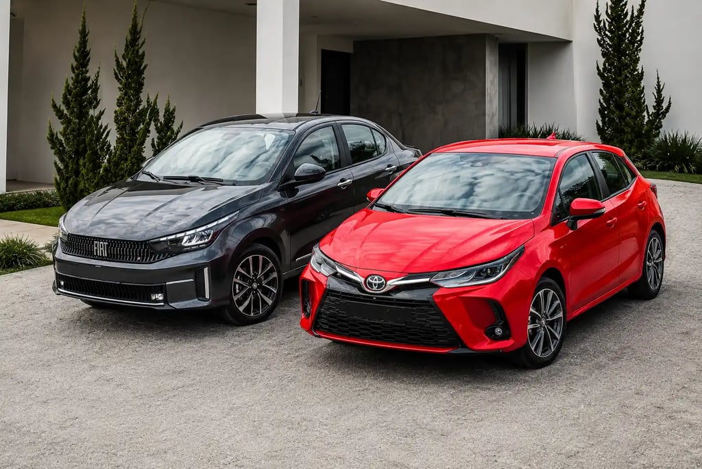 Toyota Yaris vermelho e Fiat Cronos cinza lado a lado sem placas dianteiras.
