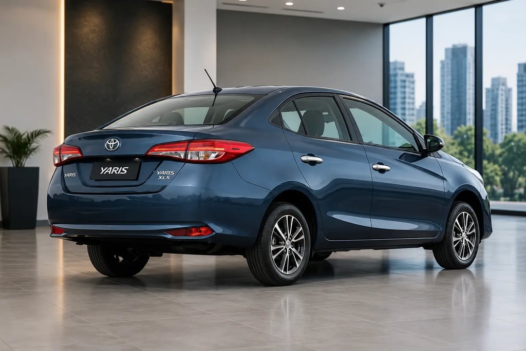 Toyota Yaris Sedan 2019 visto de traseira em showroom urbano moderno