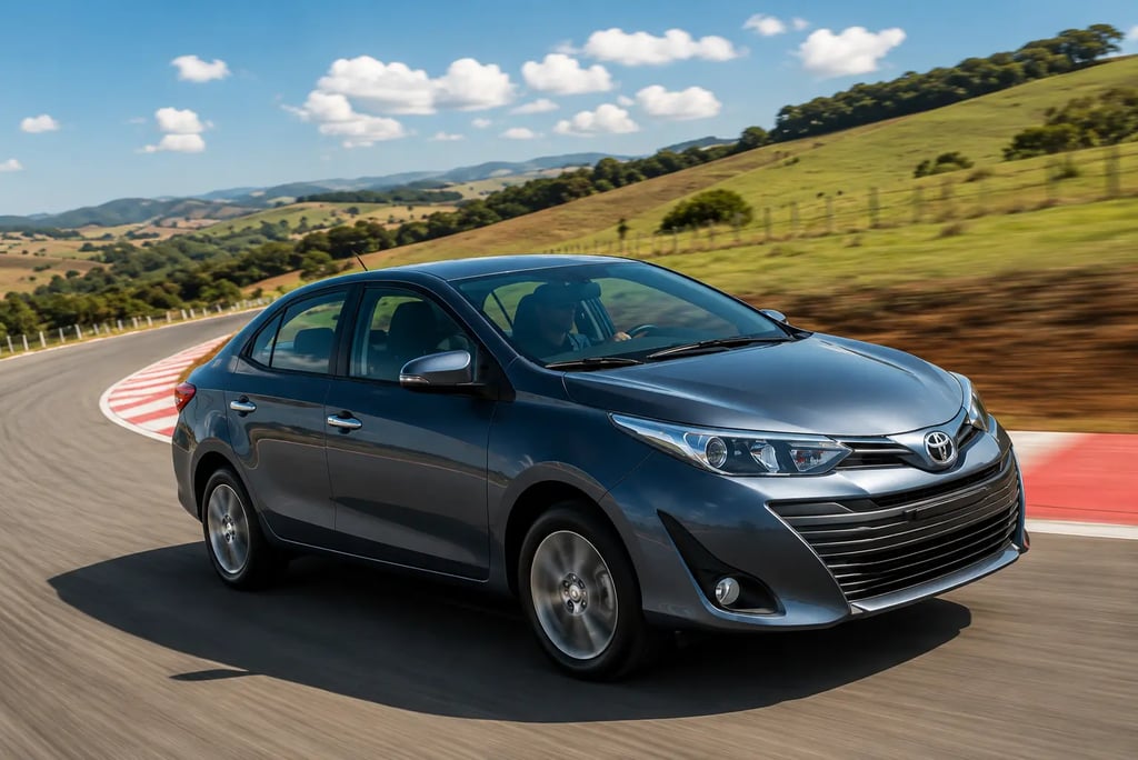 Toyota Yaris Sedan em movimento em rodovia, modelo conhecido pela boa revenda